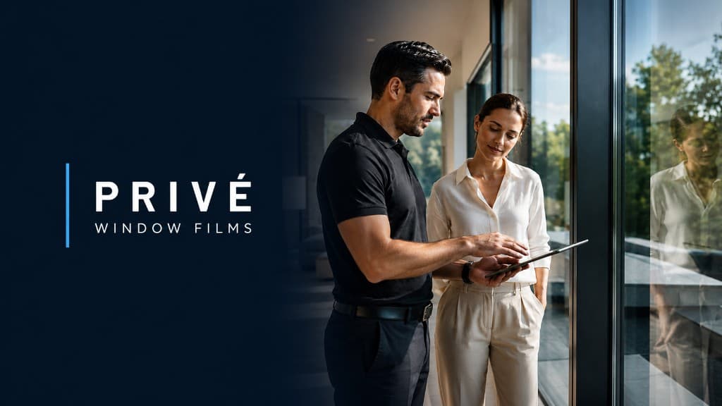 Privé Window Films banner with navy logo panel and consultant showing a tablet to a client by bright floor-to-ceiling windows