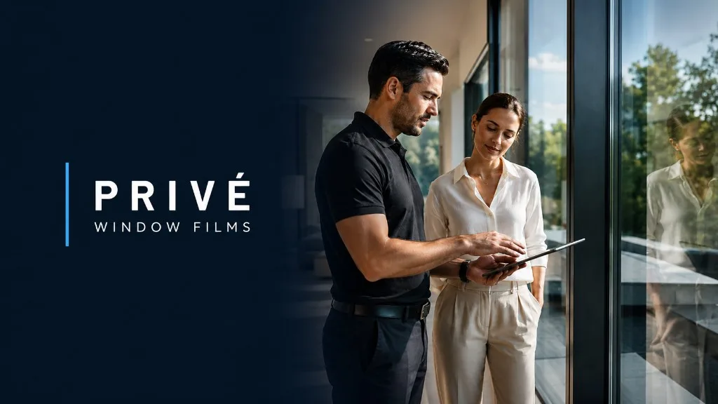 Privé Window Films banner with navy logo panel and consultant showing a tablet to a client by bright floor-to-ceiling windows