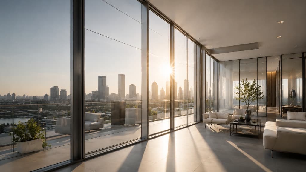 Modern penthouse interior with floor-to-ceiling glass overlooking a city skyline at golden hour, sunlight across the room