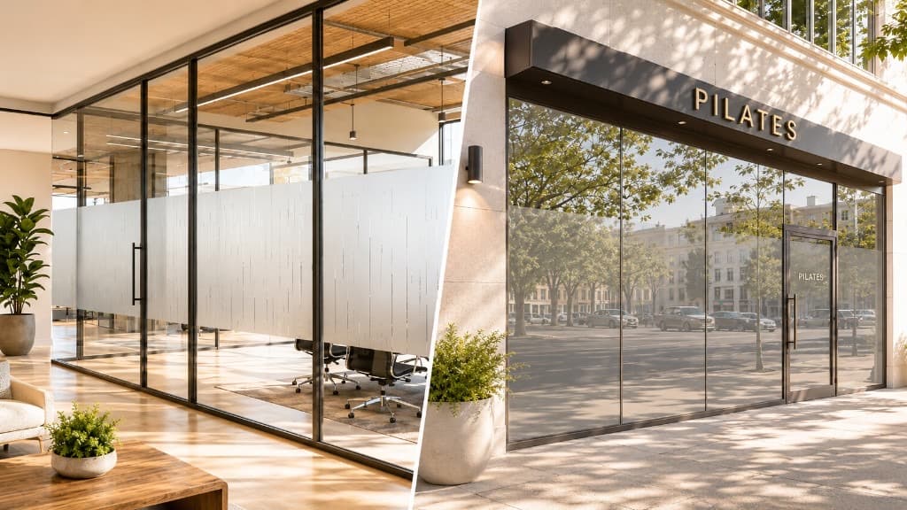 Split view of a modern office with frosted glass partitions and a Pilates studio storefront with privacy film and exterior signage