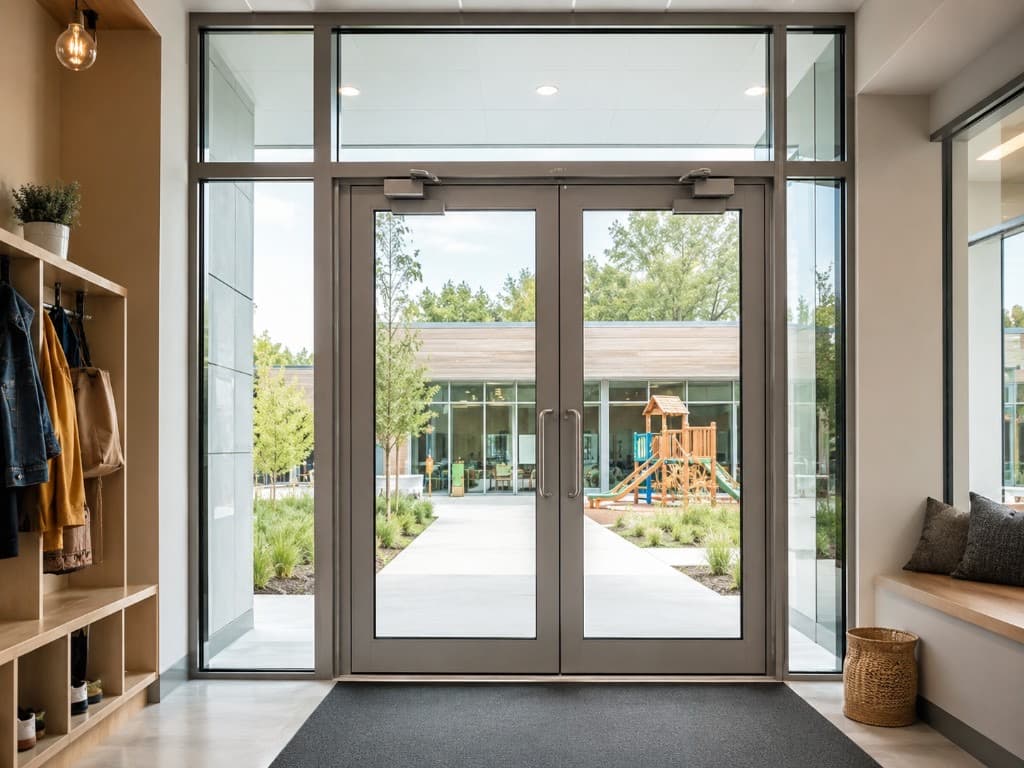 Bright modern school or childcare entrance with glass doors opening to a sunlit playground, coat hooks and bench inside