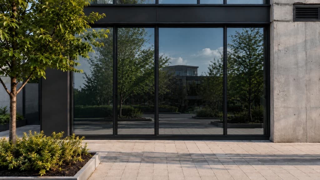 Same style of glass facade with reflective privacy film — trees and sky reflected, interior no longer visible from the exterior