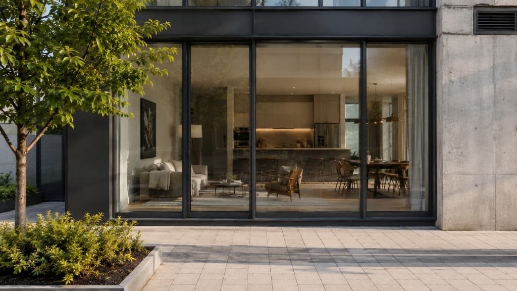 Exterior view through large glass windows into a modern home living and dining area at dusk — interior visible from outside before privacy treatment