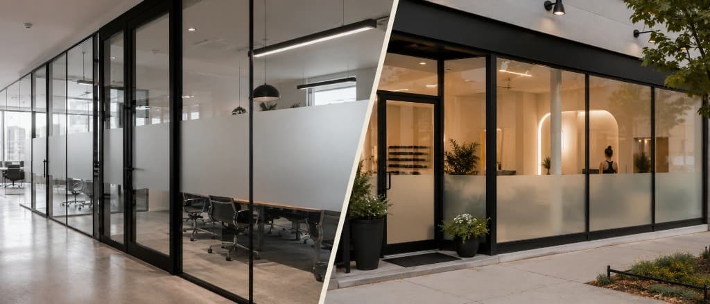 Split view: office glass partitions with a horizontal frosted privacy band, and a storefront at dusk with matching frosted film on large windows.