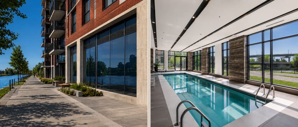 Modern canal-side building with large glazing beside a walkway, paired with an indoor lap pool room with floor-to-ceiling windows.