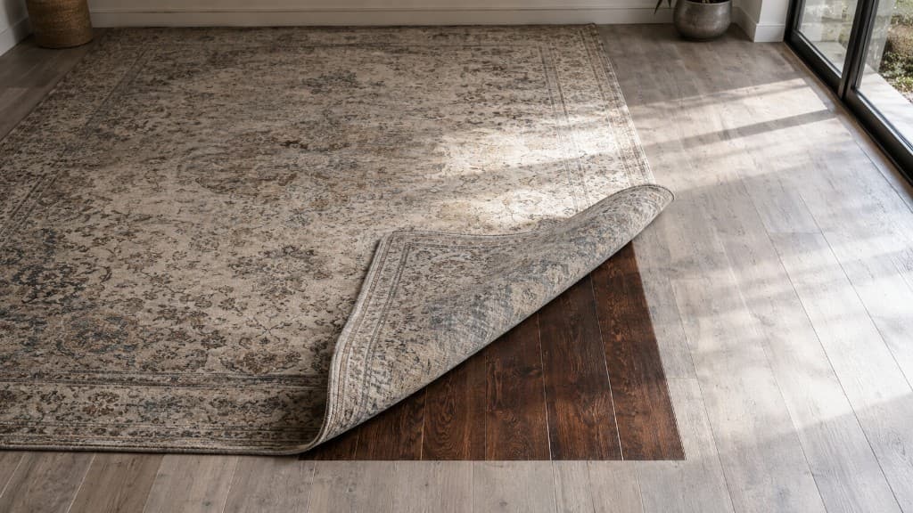 Tapis roulé révélant une ligne de décoloration sur un plancher de bois