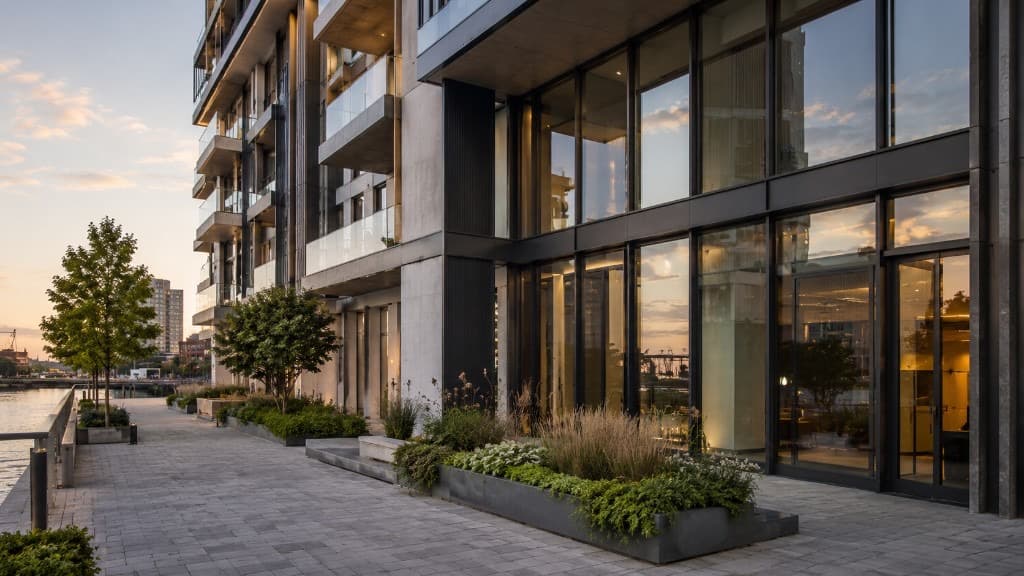 Modern glass-fronted building at sunset reflecting a golden sky, along a paved waterfront promenade with landscaped greenery