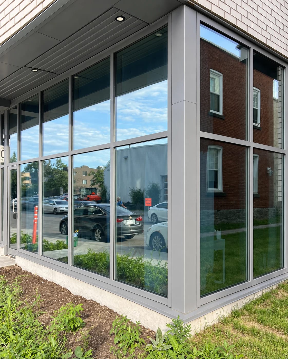 Fenêtres extérieures en coin après l’installation, reflétant la rue environnante