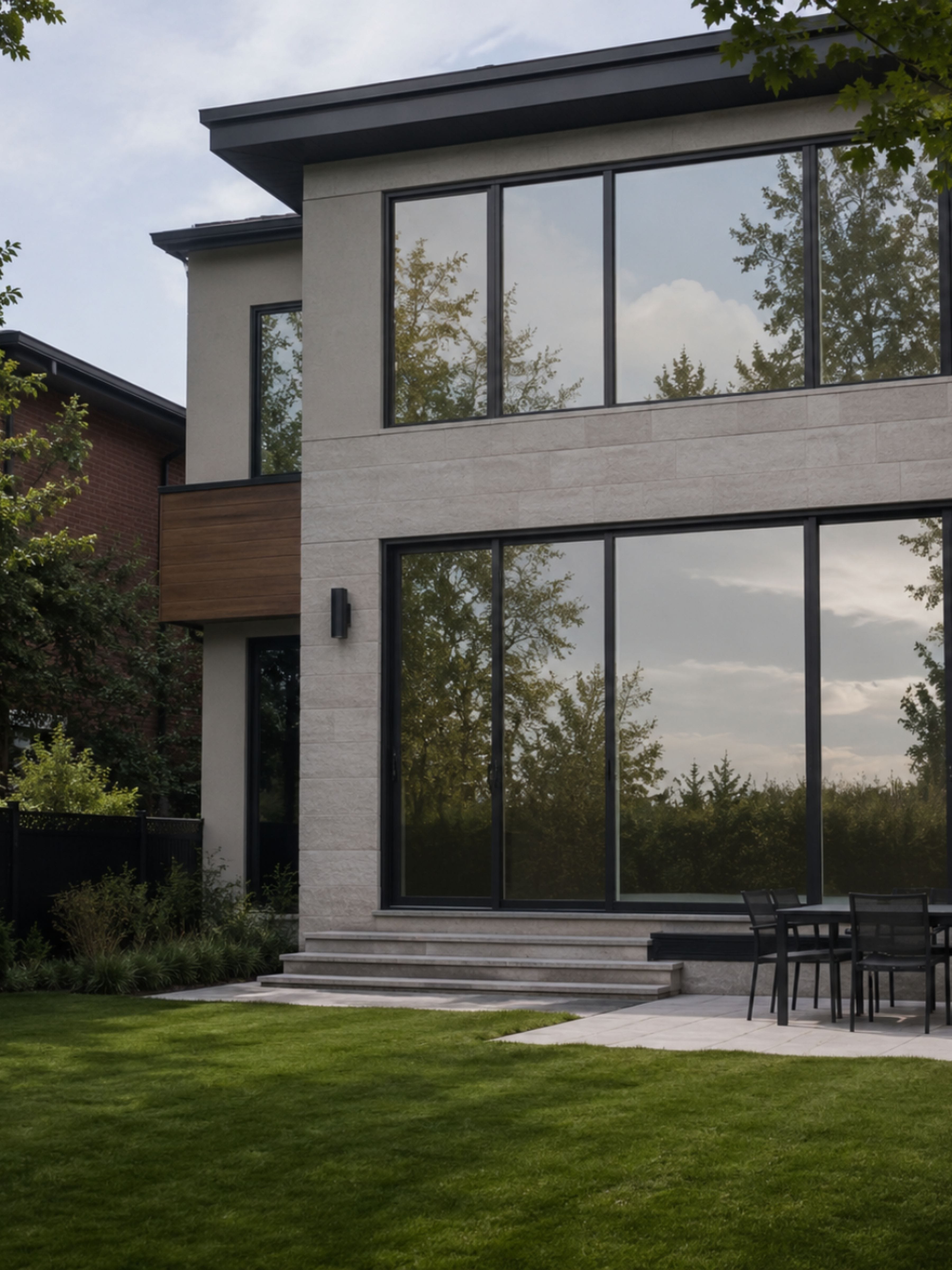 Maison avec de grandes fenêtres qui reflètent le ciel et les arbres