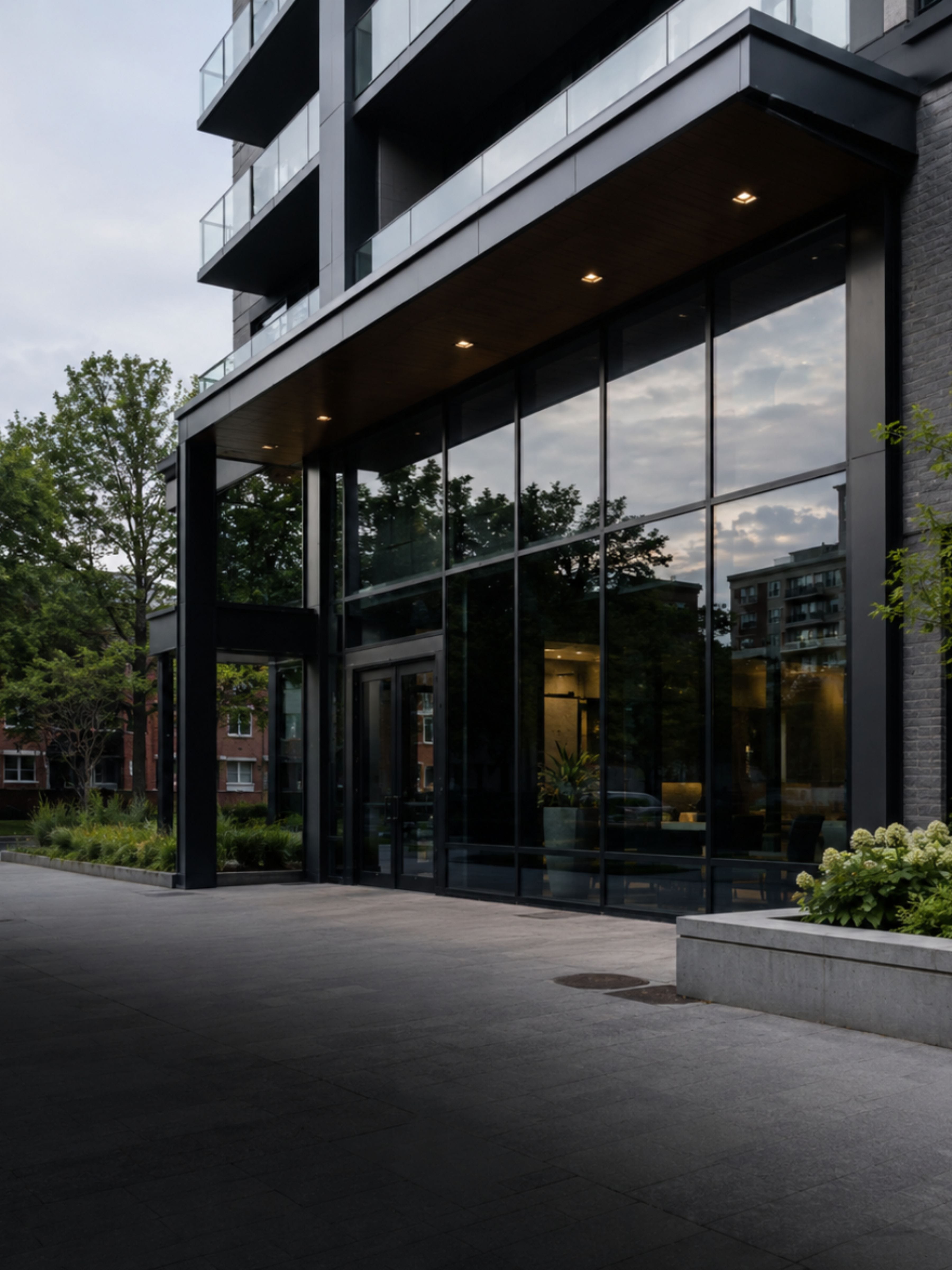Vitrage pleine hauteur à l'entrée d'un immeuble commercial