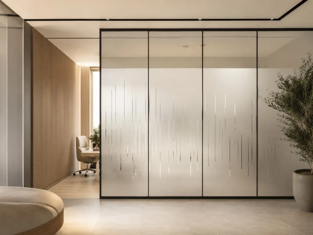 Office glass partition with decorative frosted film featuring vertical line pattern in a modern workspace