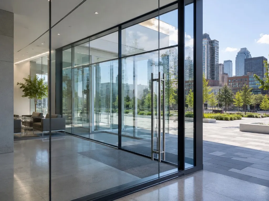 Modern storefront entrance with floor-to-ceiling glass looking out to a bright city plaza with clear, glare-free visibility