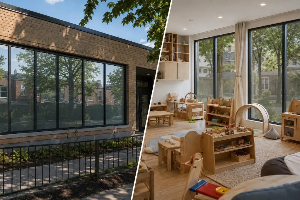 Split view of a modern school brick exterior with reflective windows and a bright wood-furnished classroom interior with learning materials