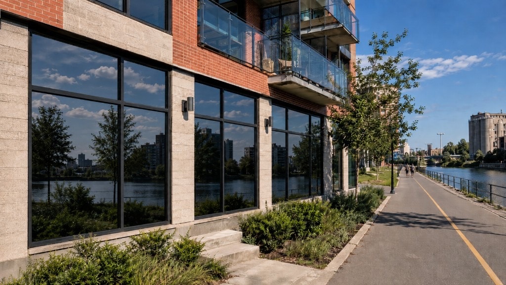 Montreal window with privacy film applied — view from inside unit