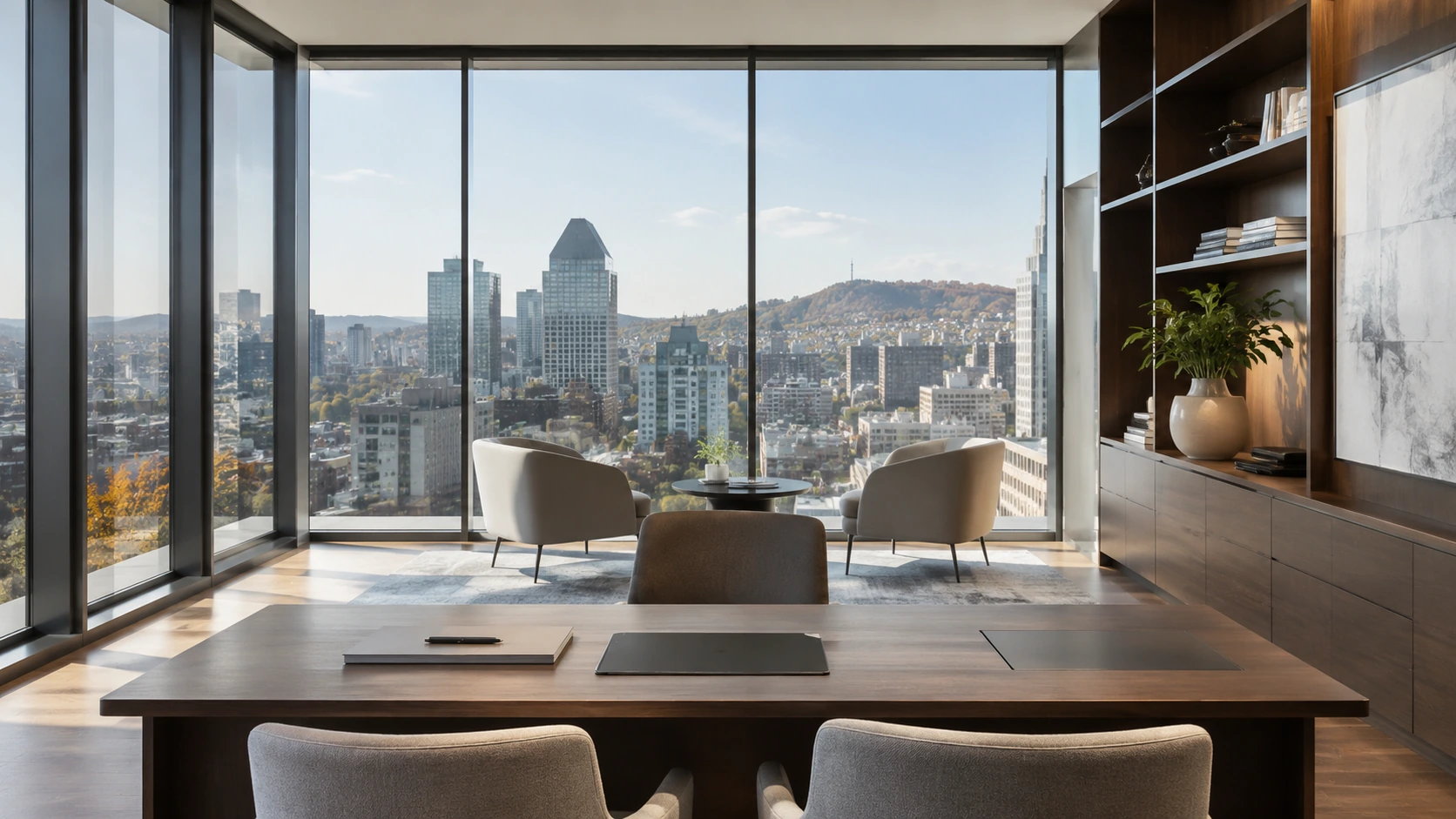 Privé Window Films banner with navy logo panel and consultant showing a tablet to a client by bright floor-to-ceiling windows