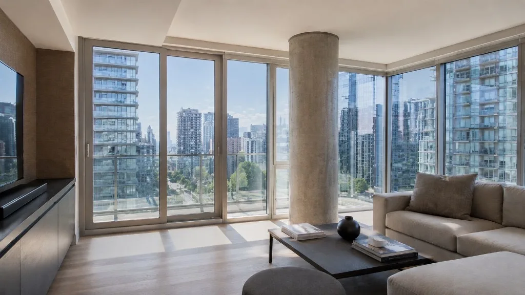 Suite d'angle avec vitrage du sol au plafond après pose d'une pellicule solaire, la ligne d'horizon demeure lisible et l'éblouissement direct au sol est atténué