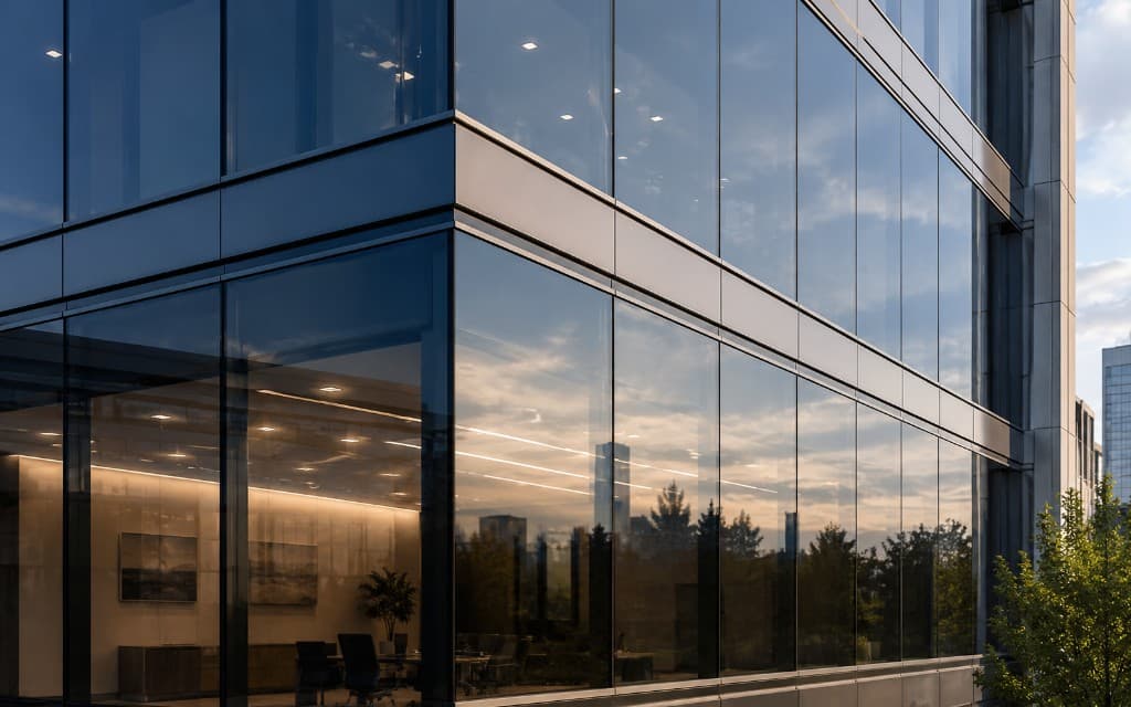 Modern glass office building corner at dusk with warm interior lighting