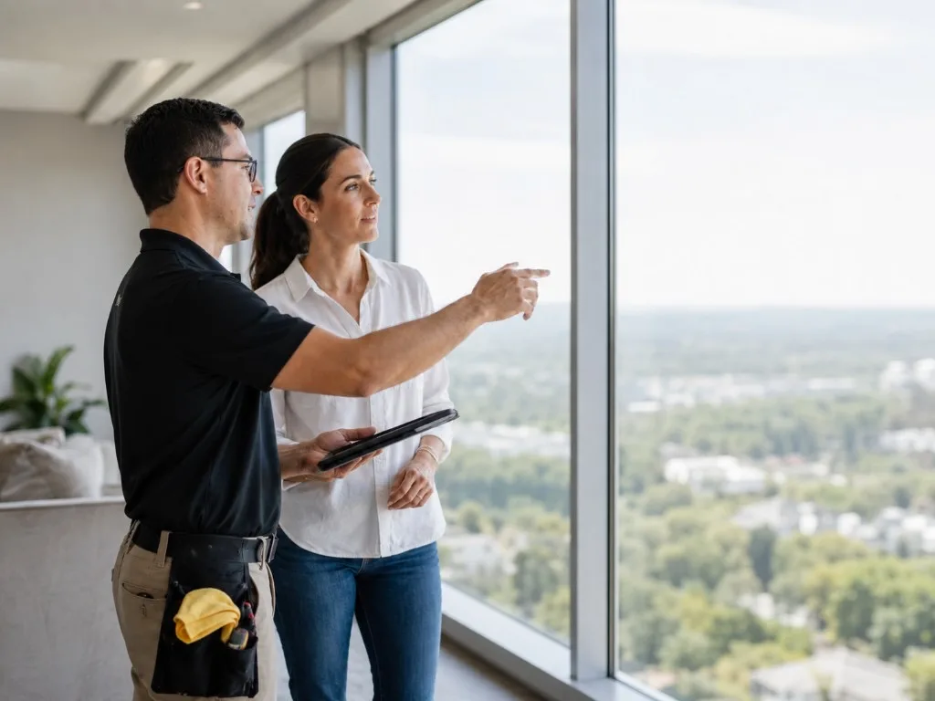 Post-install context for aftercare—professional follow-up and finished window film in a modern interior