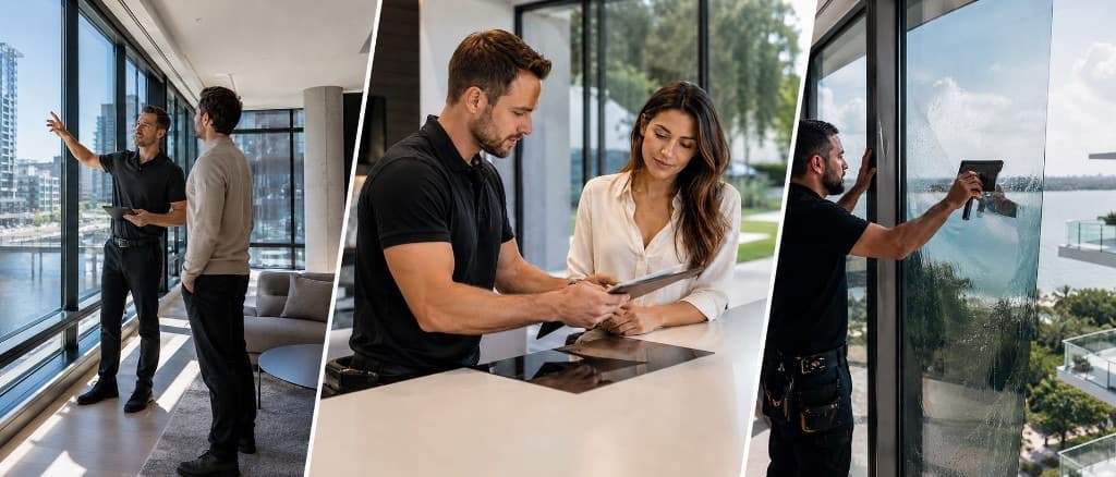 Triptych banner: technician and client at high-rise windows, consultation over a tablet in a modern kitchen, and installer applying film to glass with a waterfront view