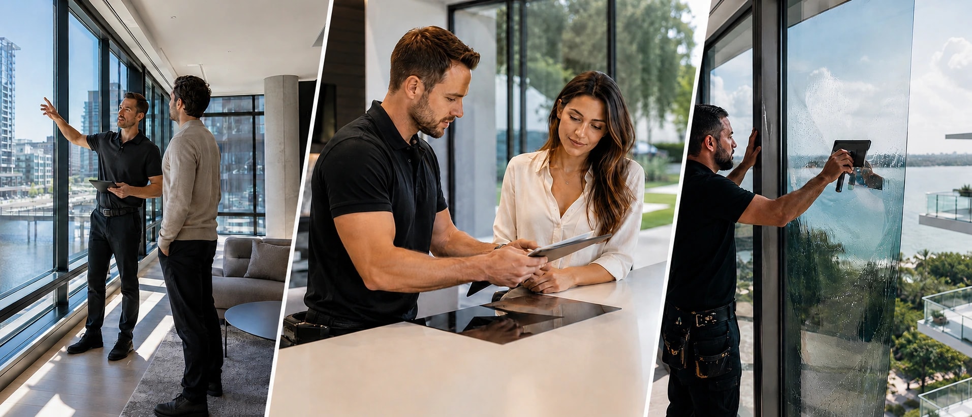 Triptych banner: technician and client at high-rise windows, consultation over a tablet in a modern kitchen, and installer applying film to glass with a waterfront view