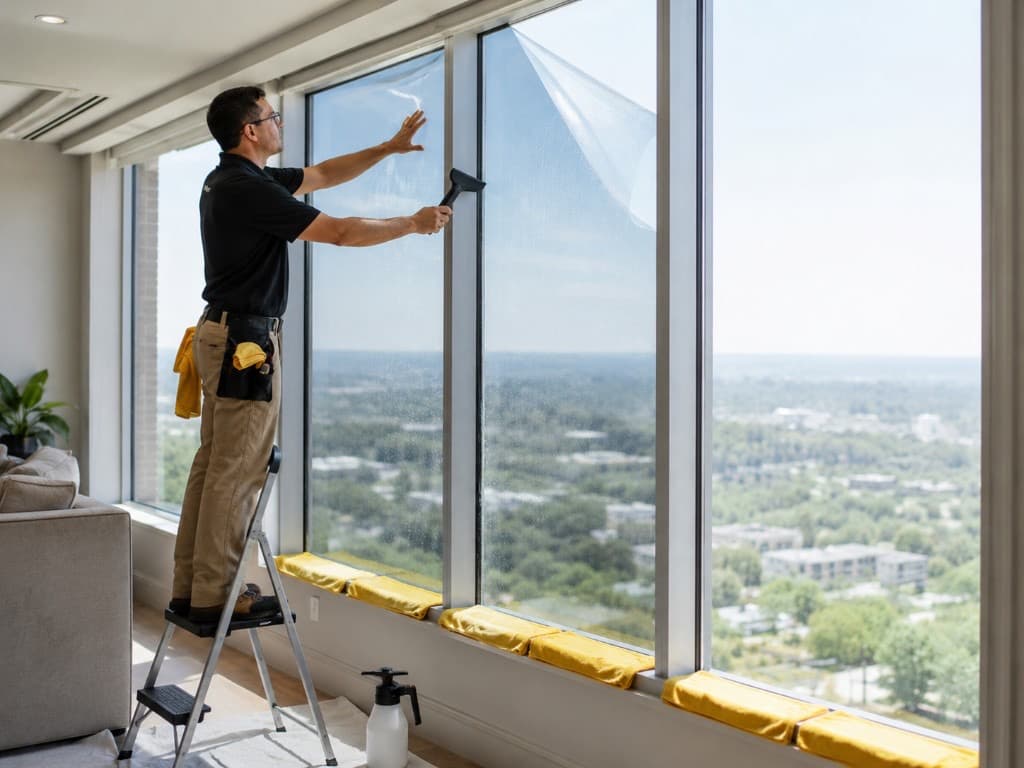 Installer on a ladder applying film to a large window with tools and towels, city and treetops visible outside