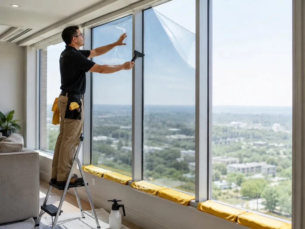 Installer on a ladder applying film to a large window with tools and towels, city and treetops visible outside