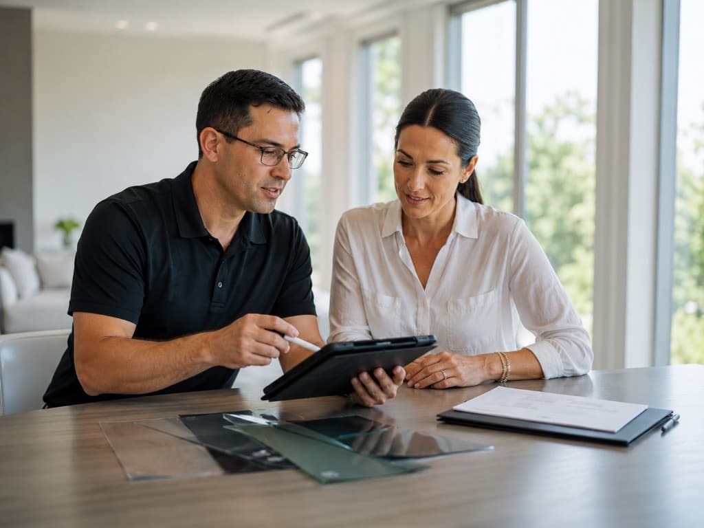 Consultant and client at a table reviewing a tablet together with film samples and documents for pricing