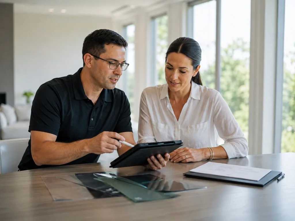 Consultant and client at a table reviewing a tablet together with film samples and documents for pricing