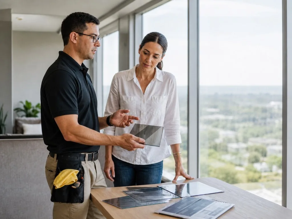 Technician presenting window film samples to a client at a bright table with specification materials