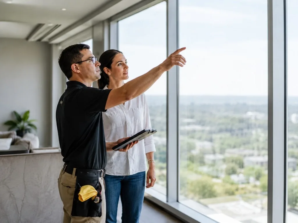 Window film technician and a client reviewing floor-to-ceiling glass during an on-site assessment