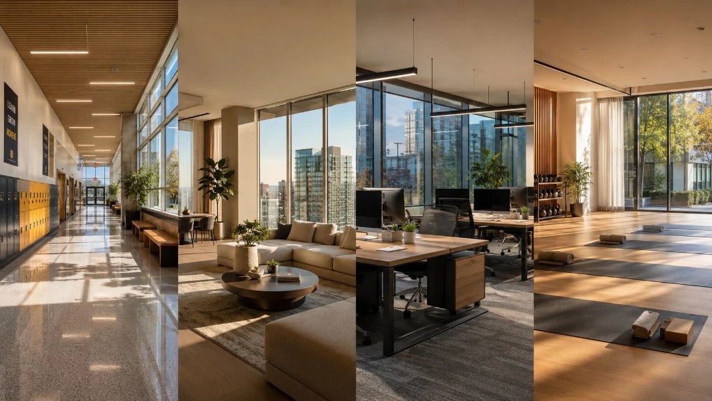 Four-panel banner showing schools, daycares, residential living, and commercial office spaces with window film contexts