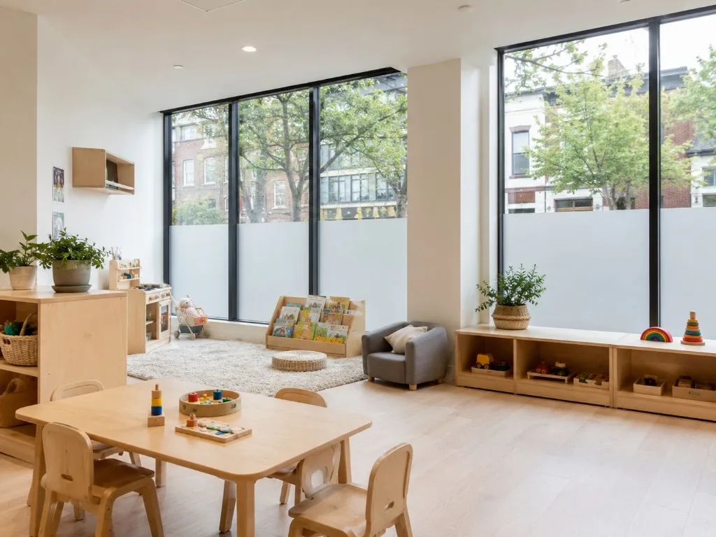 Bright modern childcare space with natural light through tall windows