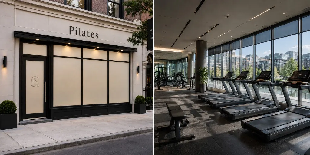 Split view of a Pilates studio storefront with frosted glass and signage, and a modern gym interior with treadmills facing floor-to-ceiling windows