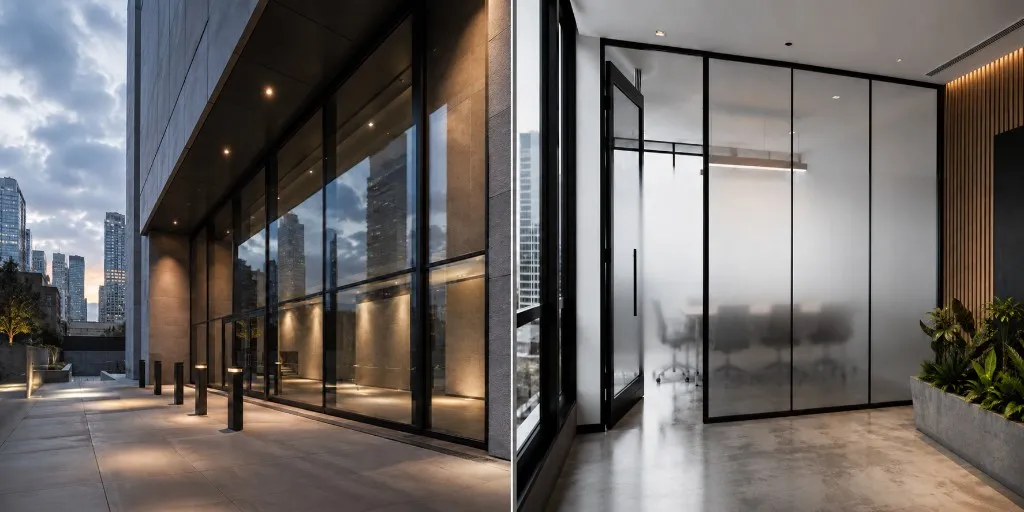 Split view of a modern commercial building exterior with floor-to-ceiling glass at dusk, and an office interior with frosted glass meeting room partitions