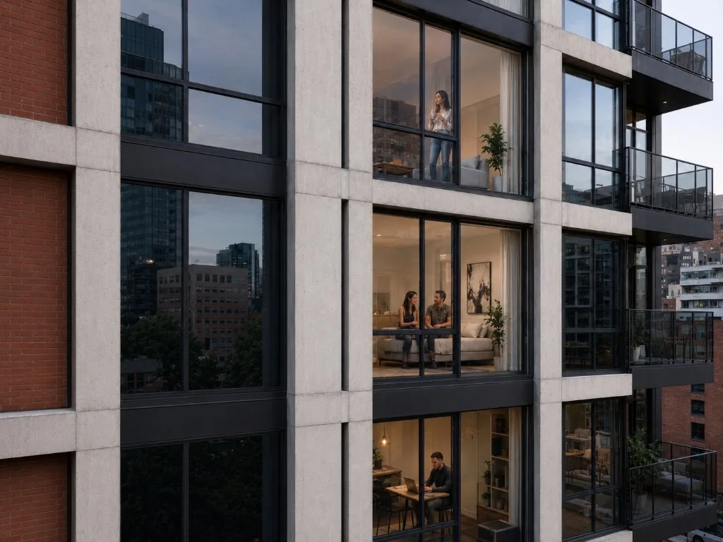 Modern apartment building at dusk with stacked floor-to-ceiling windows showing warmly lit interiors and city reflections on the glass