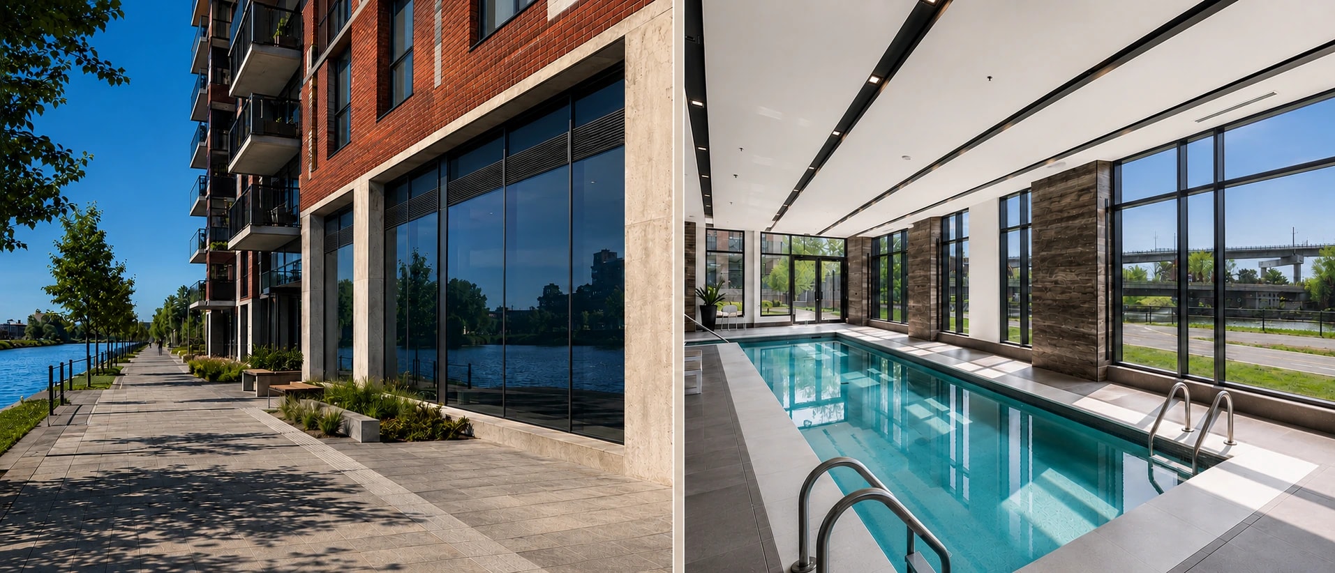 Wide view pairing a modern waterfront building with large glass windows and a luxury indoor pool beside floor-to-ceiling windows