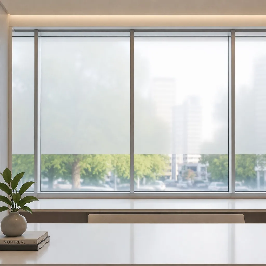 Fenêtre de bureau avec bande givrée Dusted Crystal partielle et vue dégagée en bas