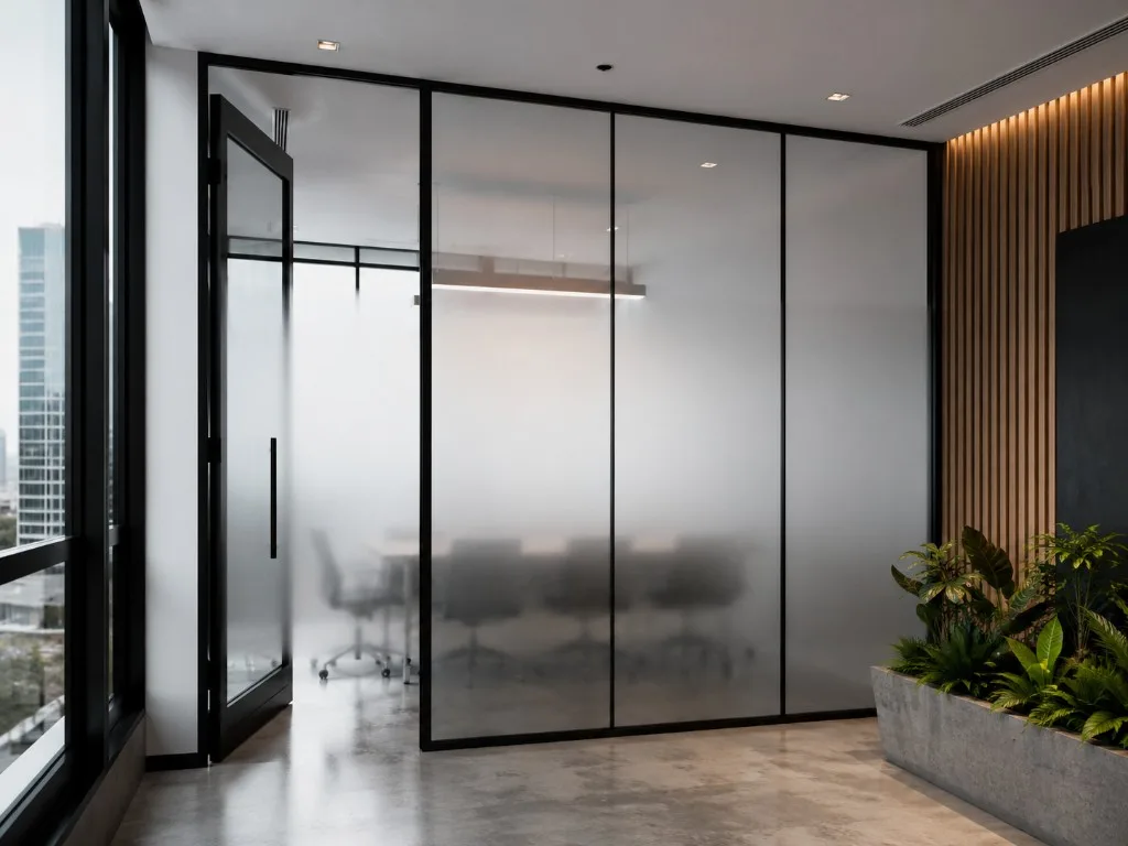 Salle de conférence de bureau entourée de cloisons en verre givré