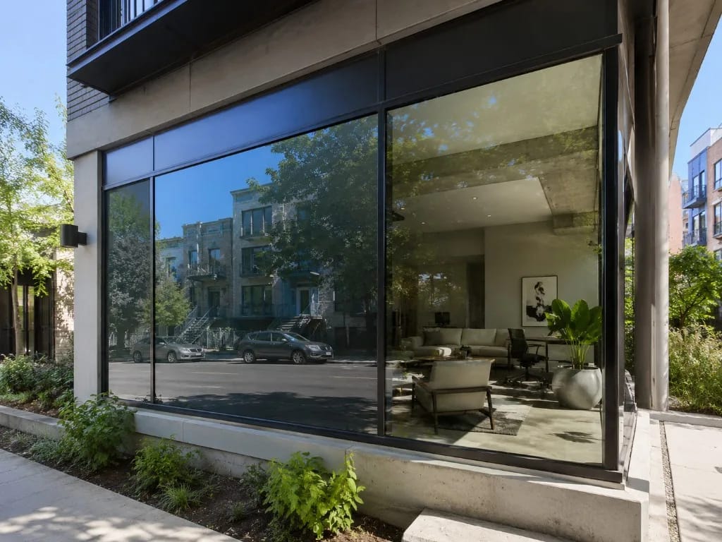 Corner windows comparing reflective privacy film on one pane with clear glass on the other