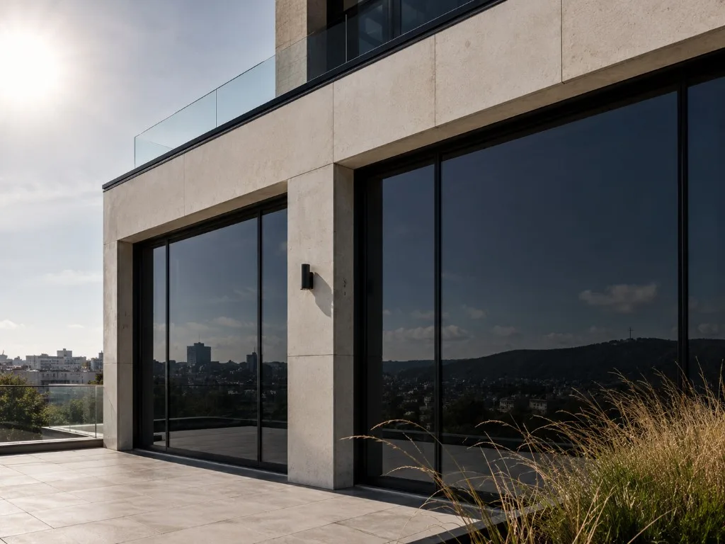 Luxury terrace with dark neutral tint on floor-to-ceiling glass