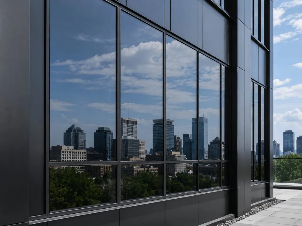 Modern building with highly reflective mirror-like window film reflecting the skyline