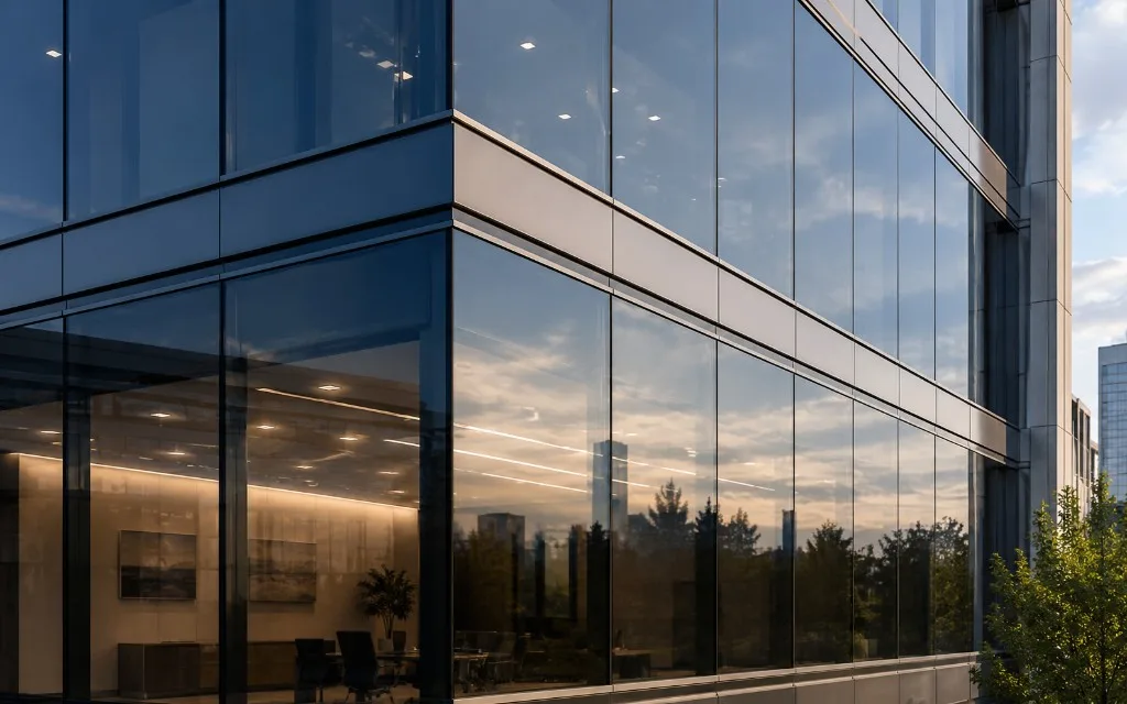 Immeuble de bureaux moderne avec teinte solaire plus foncée sur la façade vitrée à l'heure dorée