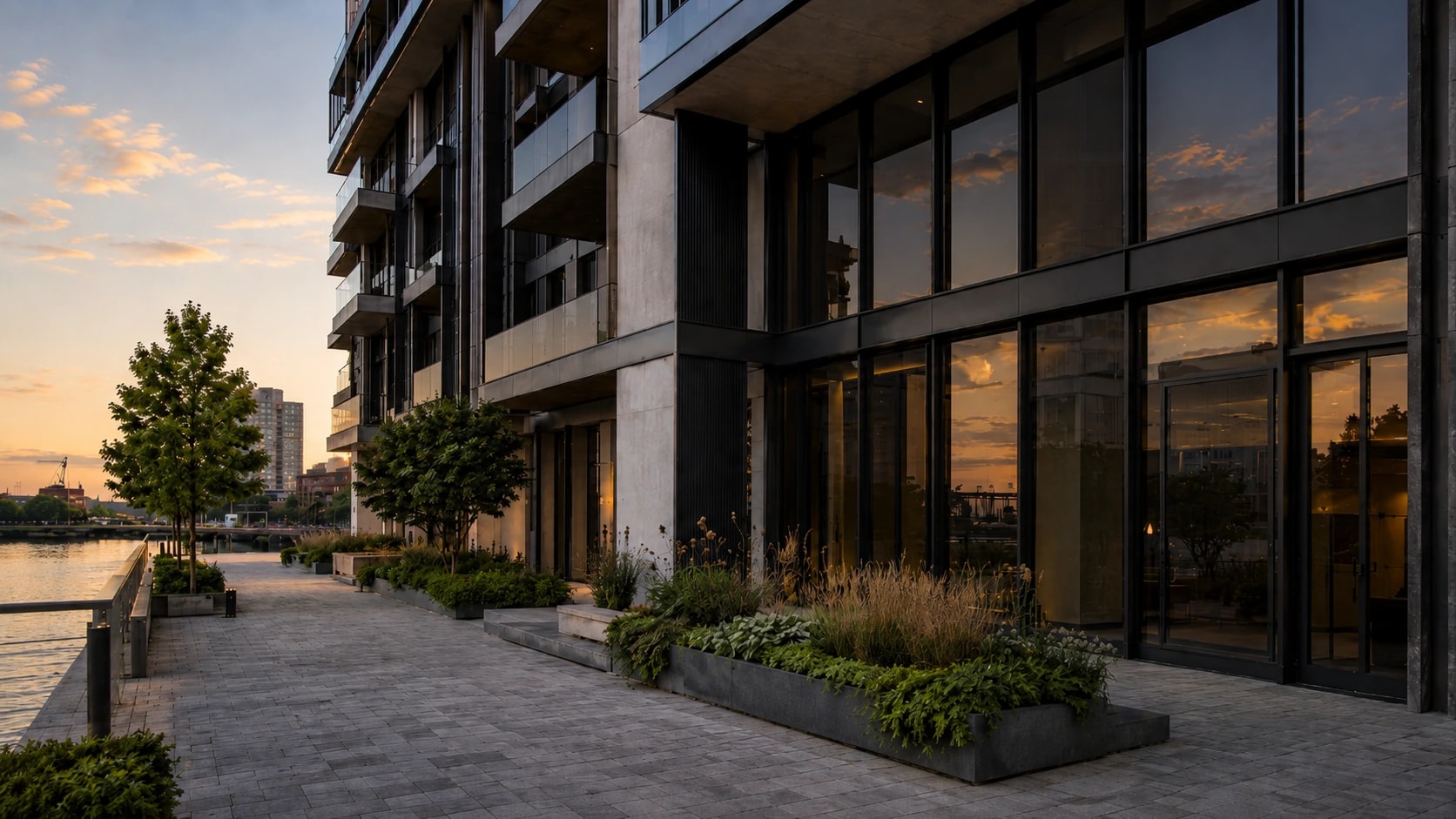 Modern glass-fronted building at sunset reflecting a golden sky, along a paved waterfront promenade with landscaped greenery