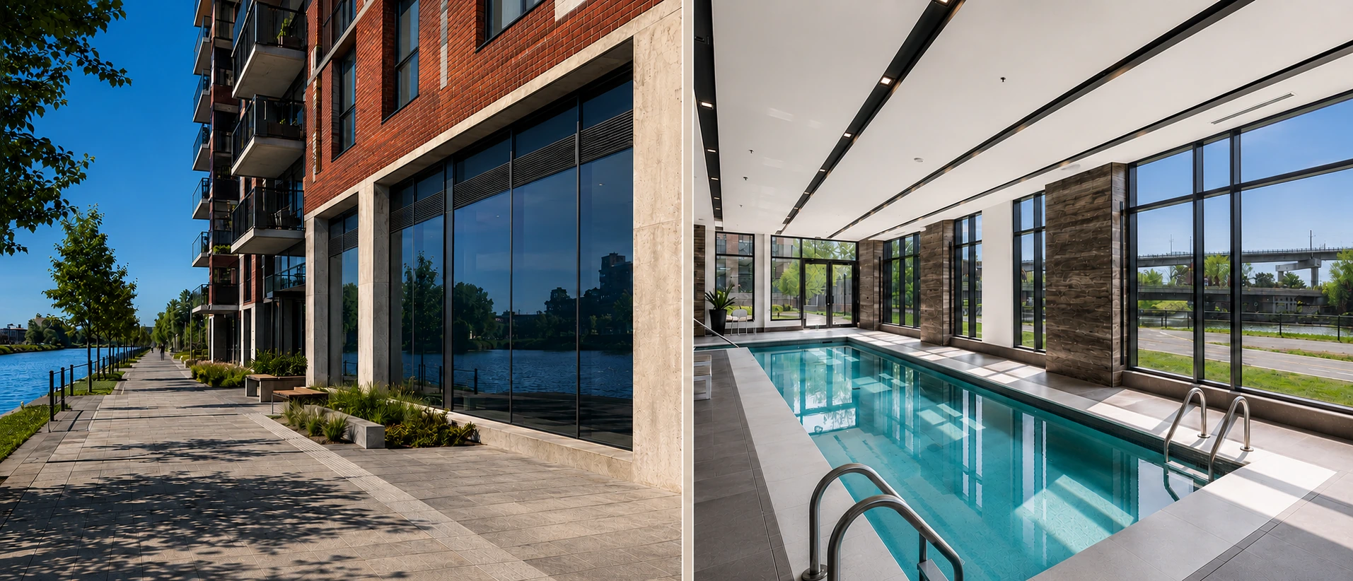 Wide view pairing a modern waterfront building with large glass windows and a luxury indoor pool beside floor-to-ceiling windows